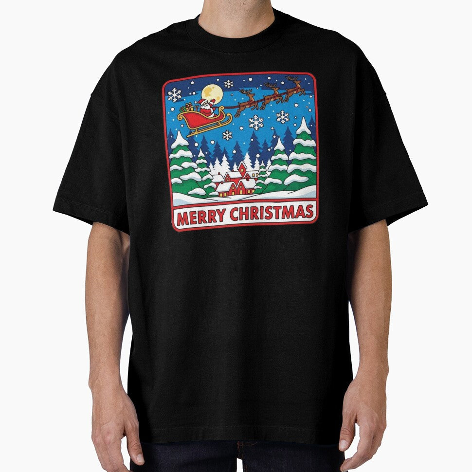 Vintage Santa Sleigh Winter Village by King Yama - Adult & Kids T-Shirts, Sweatshirts & Hoodies apparel design preview 1