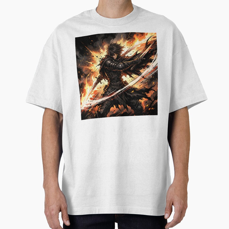 Dark Fantasy Anime Swordsman Fire Slash Warrior - Adult & Kids T-Shirts, Sweatshirts & Hoodies apparel design preview 1