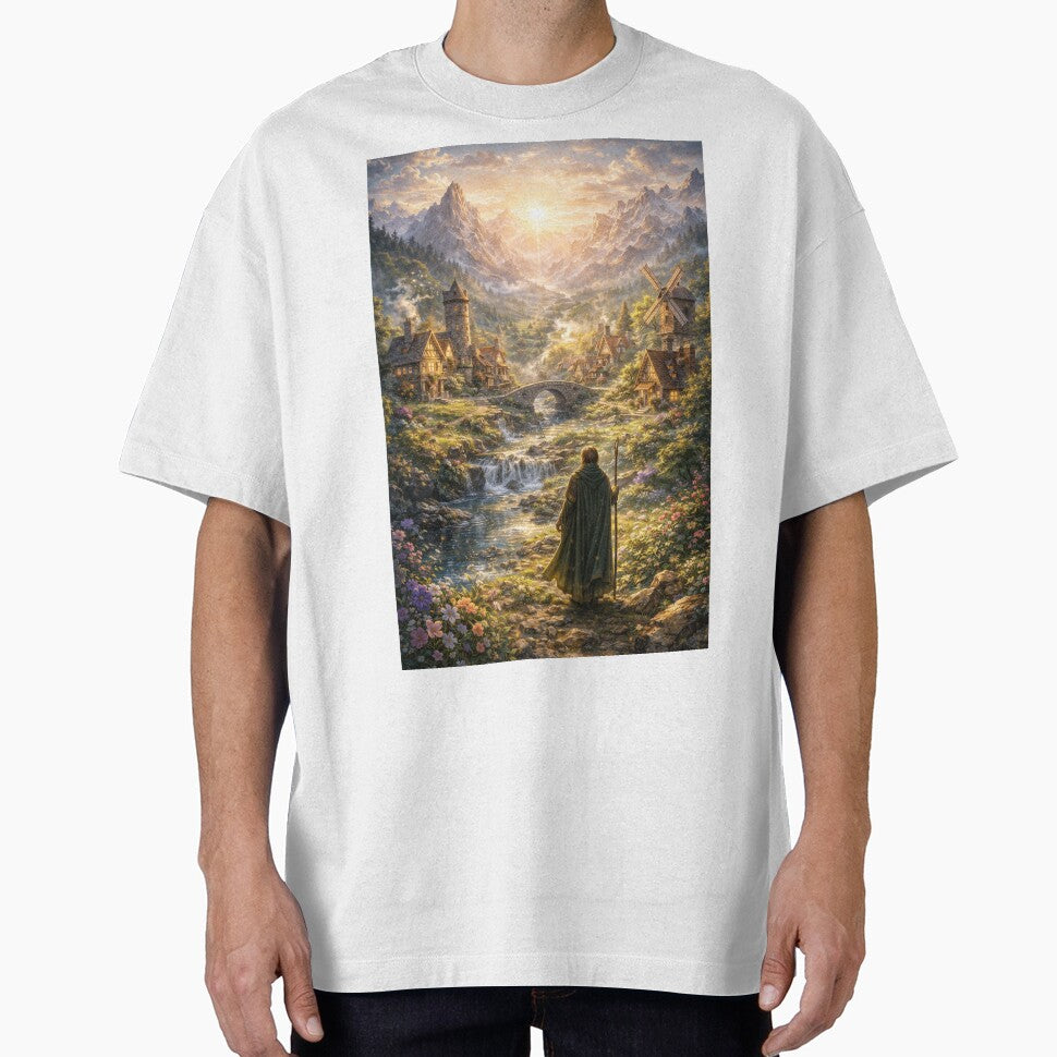Enchanted Mountain Village Fantasy Landscape Sunrise - Adult & Kids T-Shirts, Sweatshirts & Hoodies apparel design preview 1