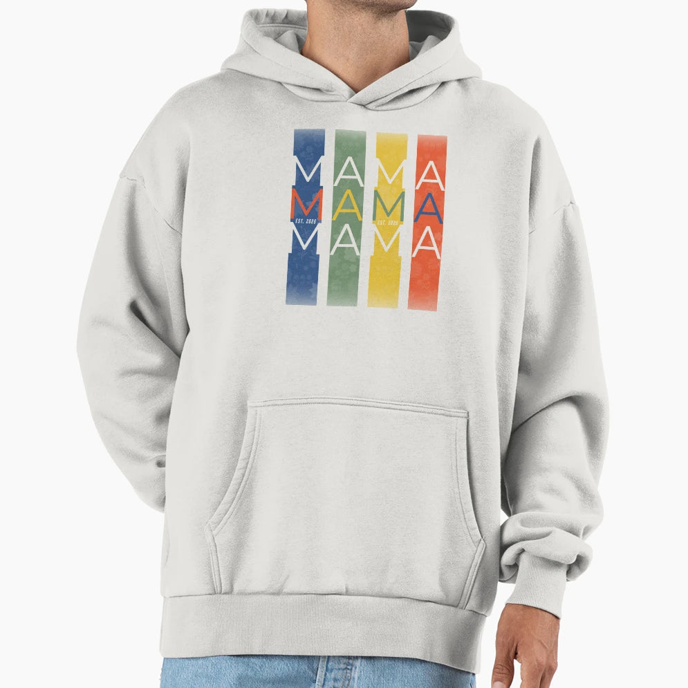 Mama Est 2025 Colorful Panels Expecting Hoodie - Graphic Print Men Women - T-Shirt, Sweatshirt, Hoodie