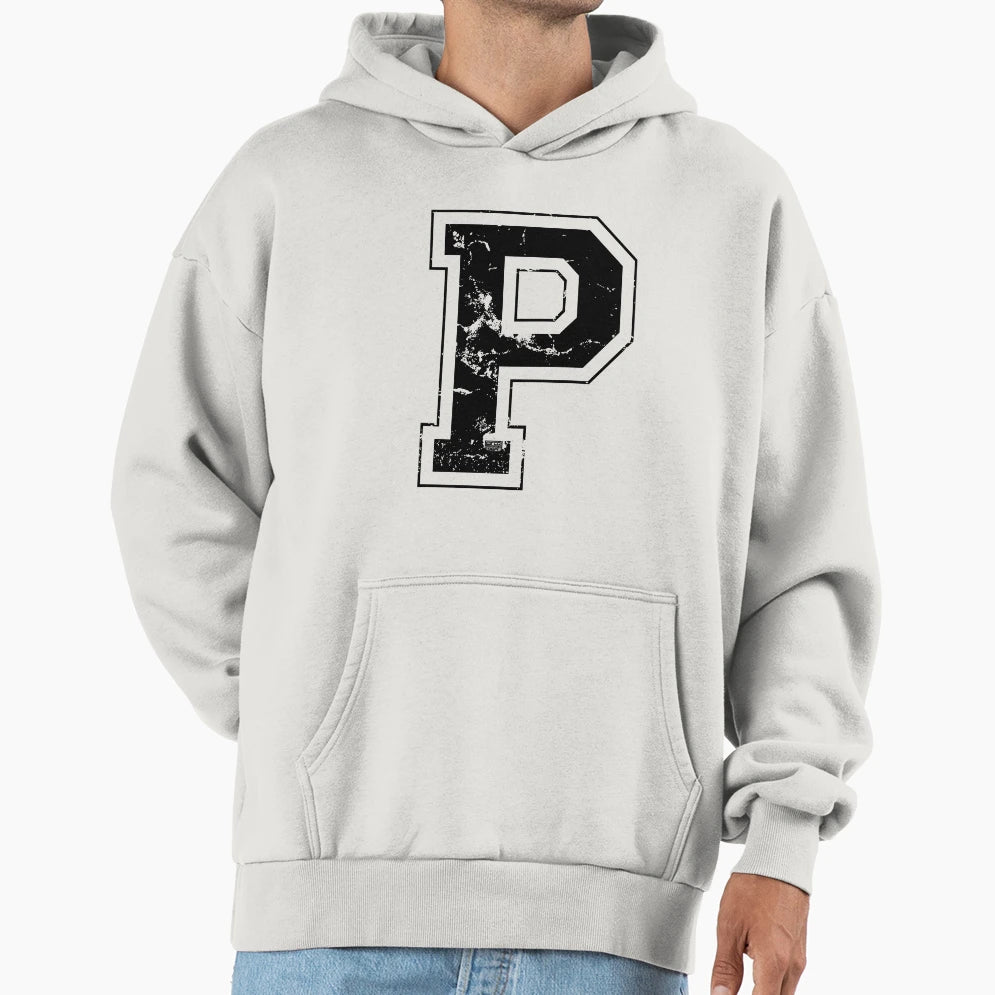 Initial Letter P Black Jersey Sports Hoodie - Graphic Print Unisex - T-Shirt, Sweatshirt, Hoodie