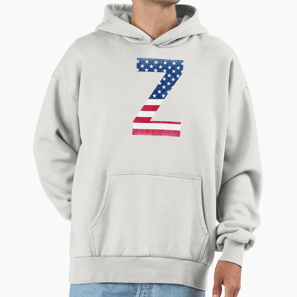 Letter Z Capital Alphabet American Flag Hoodie - Graphic Print for Adults - T-Shirt, Sweatshirt, Hoodie
