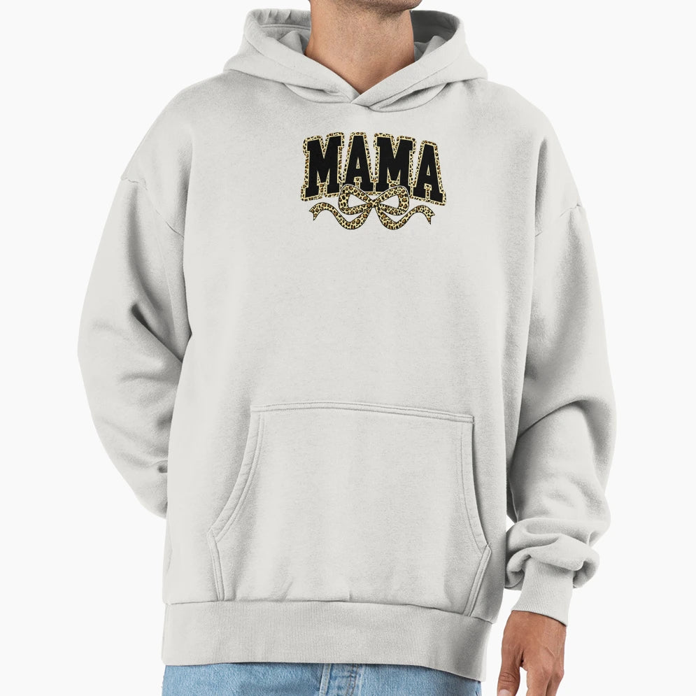 Mama Leopard Coquette Bow Varsity Mama Hoodie - Novelty Apparel Unisex - T-Shirt, Sweatshirt, Hoodie