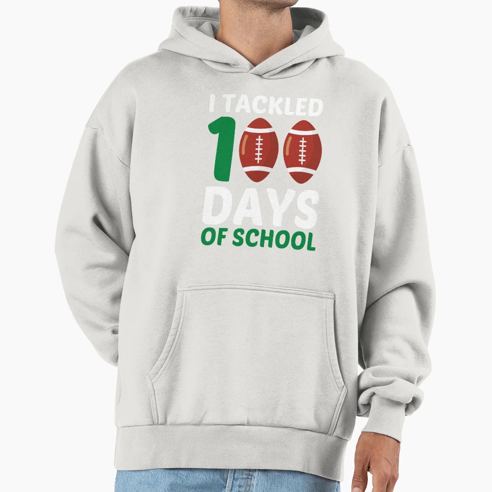 Tackled 100 Days School Football 100Th Hoodie - Trendy Graphic for Adults - T-Shirt, Sweatshirt, Hoodie
