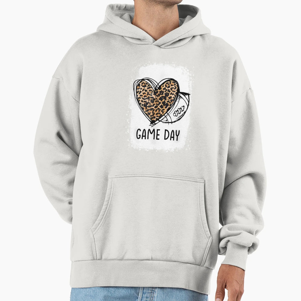 Game Day Leopard Heart Football Hoodie - Casual Everyday Wear Unisex - T-Shirt, Sweatshirt, Hoodie