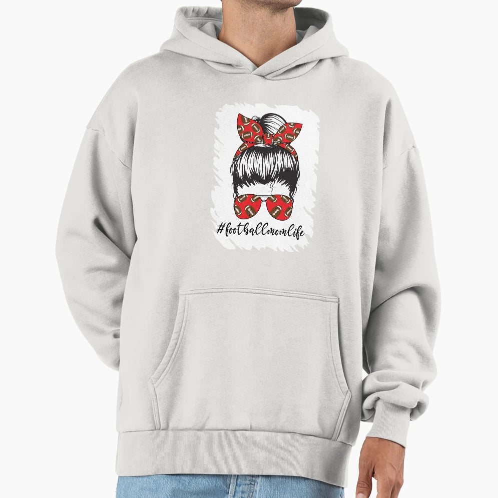 Bleached Football Mom Life Messy Bun Hoodie - Minimalist Print Unisex - T-Shirt, Sweatshirt, Hoodie
