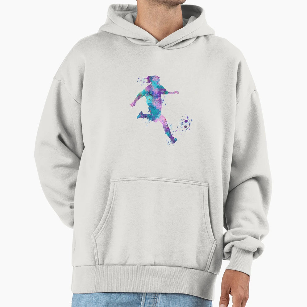 Soccer Player Kick Watercolor Painting Hoodie - Custom Art Print Men Women - T-Shirt, Sweatshirt, Hoodie