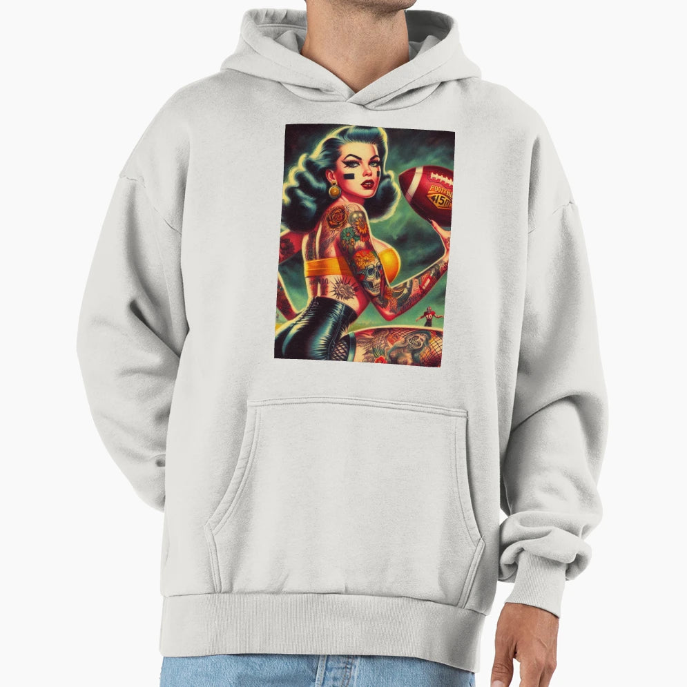 Football Pin Up Hoodie - Fun Novelty Design for Adults - T-Shirt, Sweatshirt, Hoodie