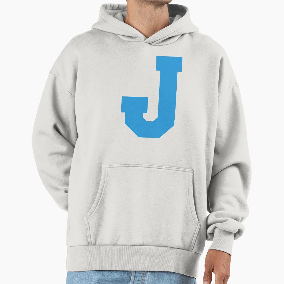 Alphabet Blue J Sports Letter J Hoodie - Minimalist Print for Adults - T-Shirt, Sweatshirt, Hoodie