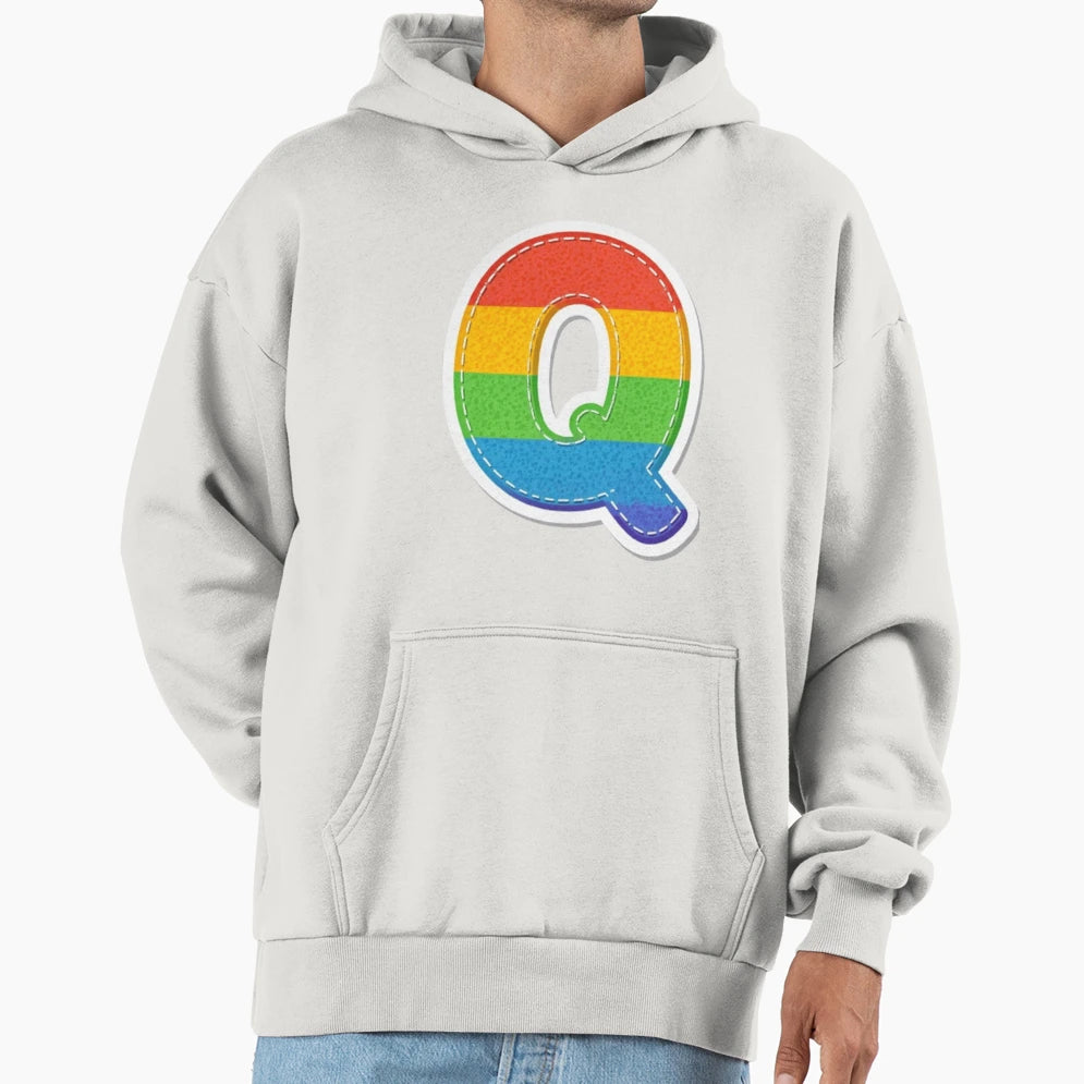 Patch Letter Q Rainbow Hoodie - Aesthetic Graphic for Adults - T-Shirt, Sweatshirt, Hoodie