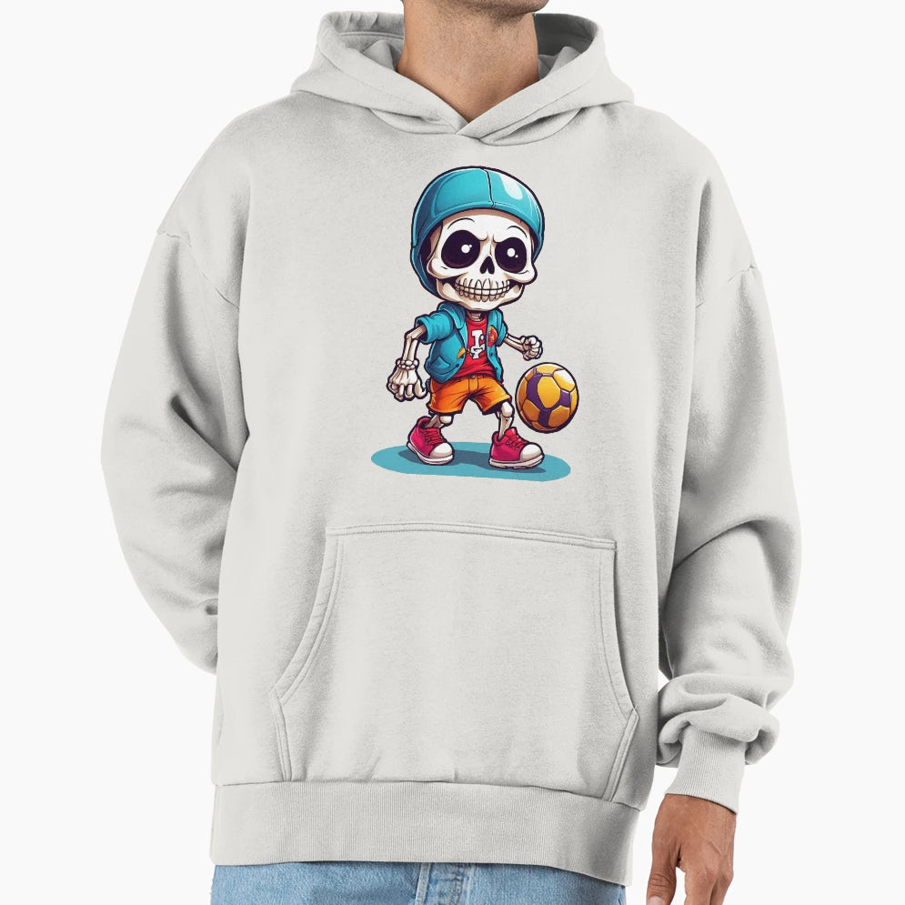Cartoon Skull Playing Soccer Hoodie - Graphic Print for Adults - T-Shirt, Sweatshirt, Hoodie