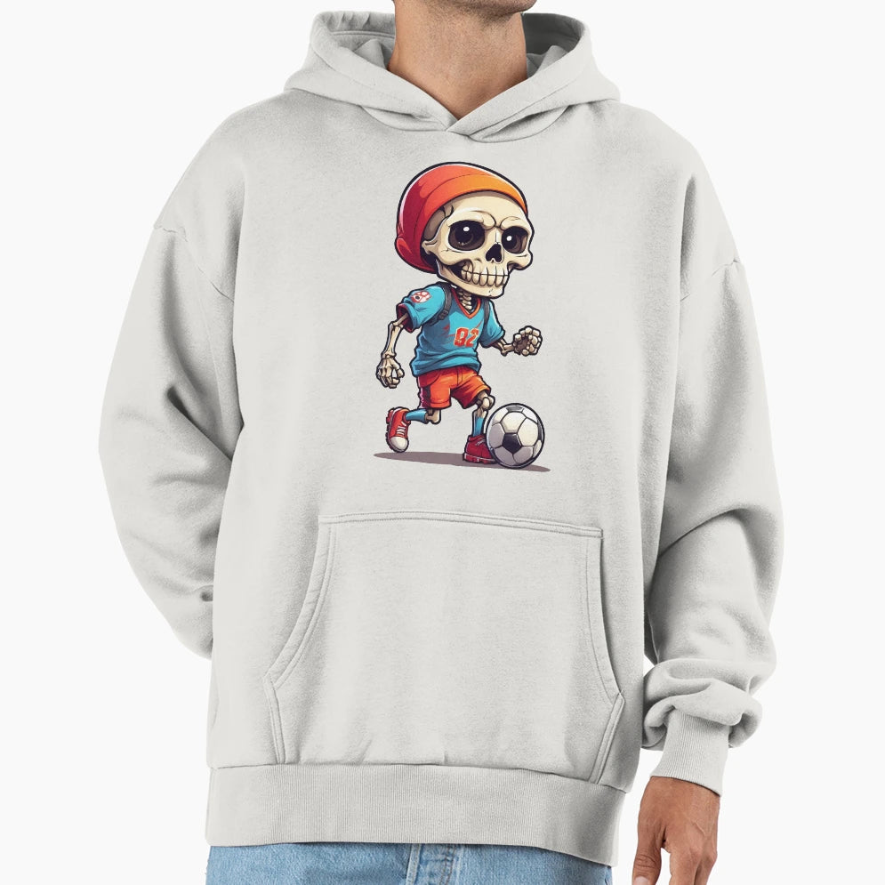 Cartoon Skull Playing Soccer Hoodie - Unique Graphic for Adults - T-Shirt, Sweatshirt, Hoodie