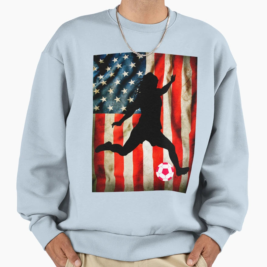 Female Soccer And American Flag Sweatshirt - Custom Art Print Unisex - T-Shirt, Sweatshirt, Hoodie