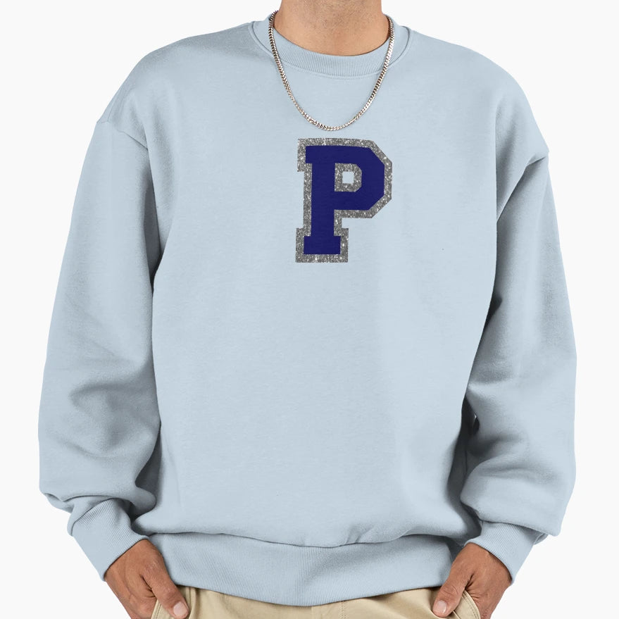 Silver And Navy Varsity Letter P Sweatshirt - Minimalist Print for Adults - T-Shirt, Sweatshirt, Hoodie