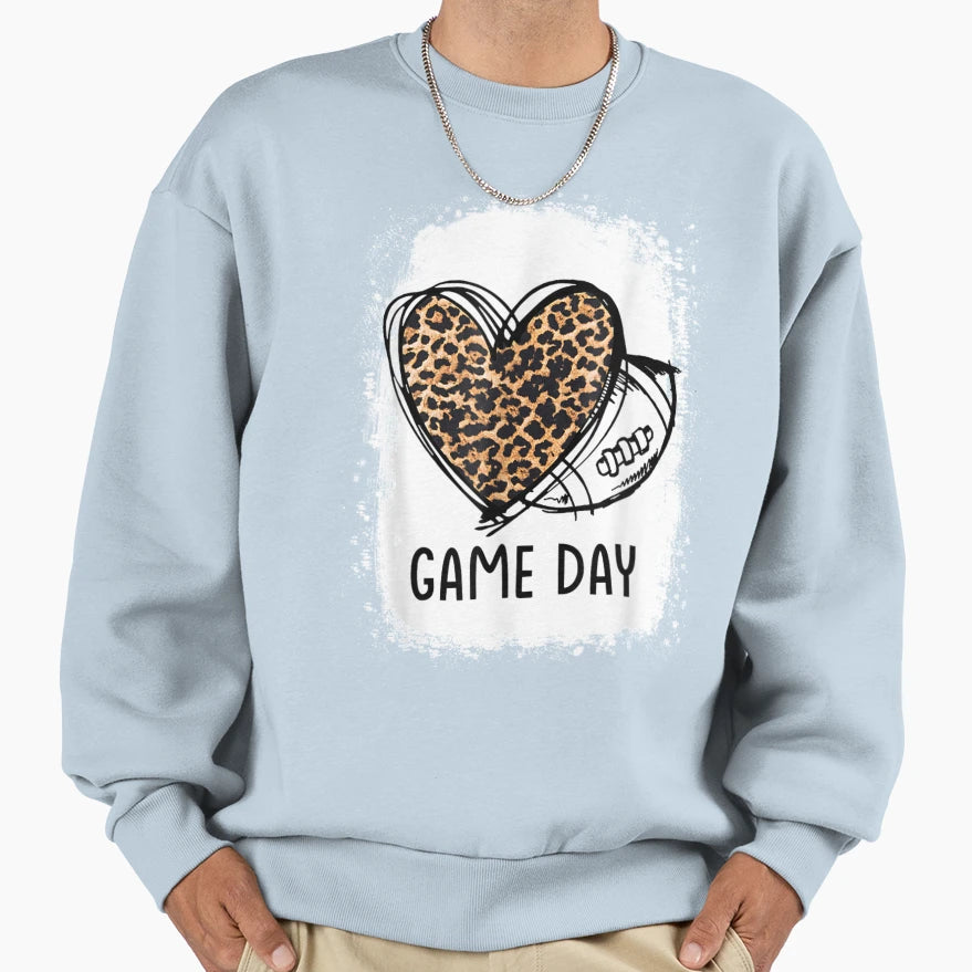 Game Day Leopard Heart Football Lovers Sweatshirt - Graphic Print Unisex - T-Shirt, Sweatshirt, Hoodie