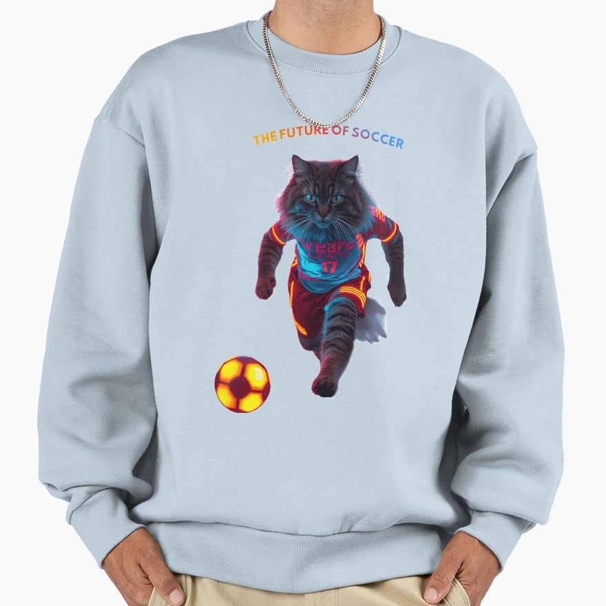 Cyberpunk Soccer Cat Neon Sweatshirt - Minimalist Print for Adults - T-Shirt, Sweatshirt, Hoodie