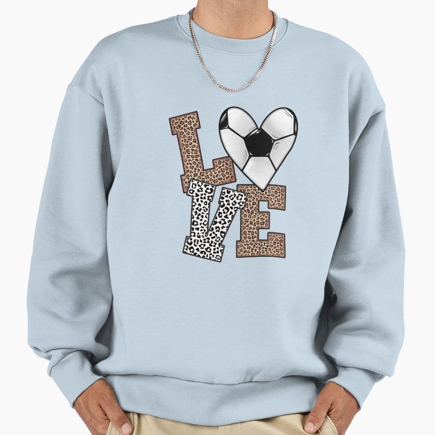 Love Soccer Heart Leopard Lettering Sweatshirt - Graphic Print for Adults - T-Shirt, Sweatshirt, Hoodie