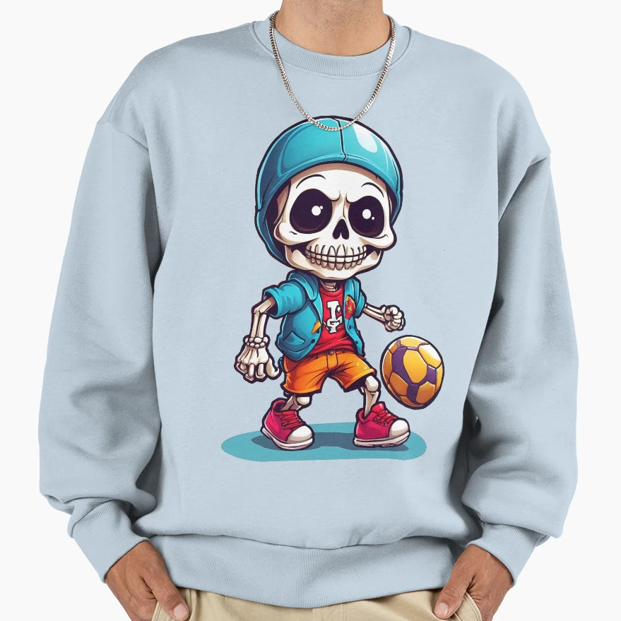 Cartoon Skull Playing Soccer Sweatshirt - Graphic Print for Adults - T-Shirt, Sweatshirt, Hoodie