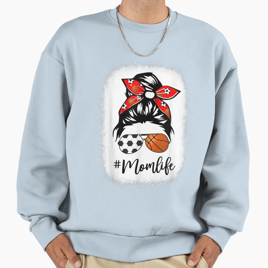 Bleached Mom Life Soccer Skull Messy Bun Sweatshirt - Graphic Print Unisex - T-Shirt, Sweatshirt, Hoodie