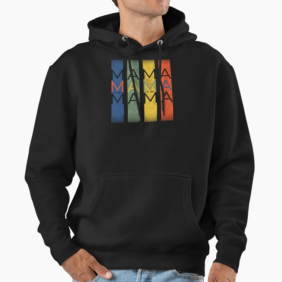 Mama Est 2025 Colorful Panels Hoodie - Novelty Apparel for Adults - T-Shirt, Sweatshirt, Hoodie