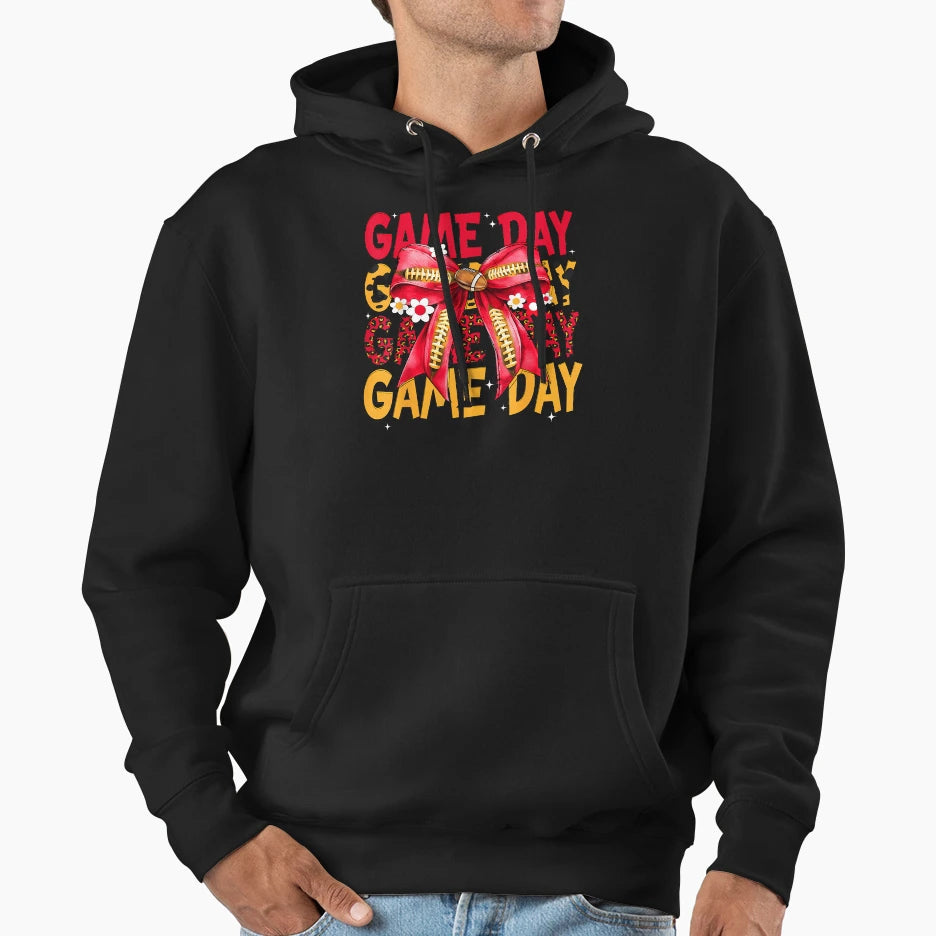 Game Day Football Coquette Bow Hoodie - Fun Novelty Design for Adults - T-Shirt, Sweatshirt, Hoodie