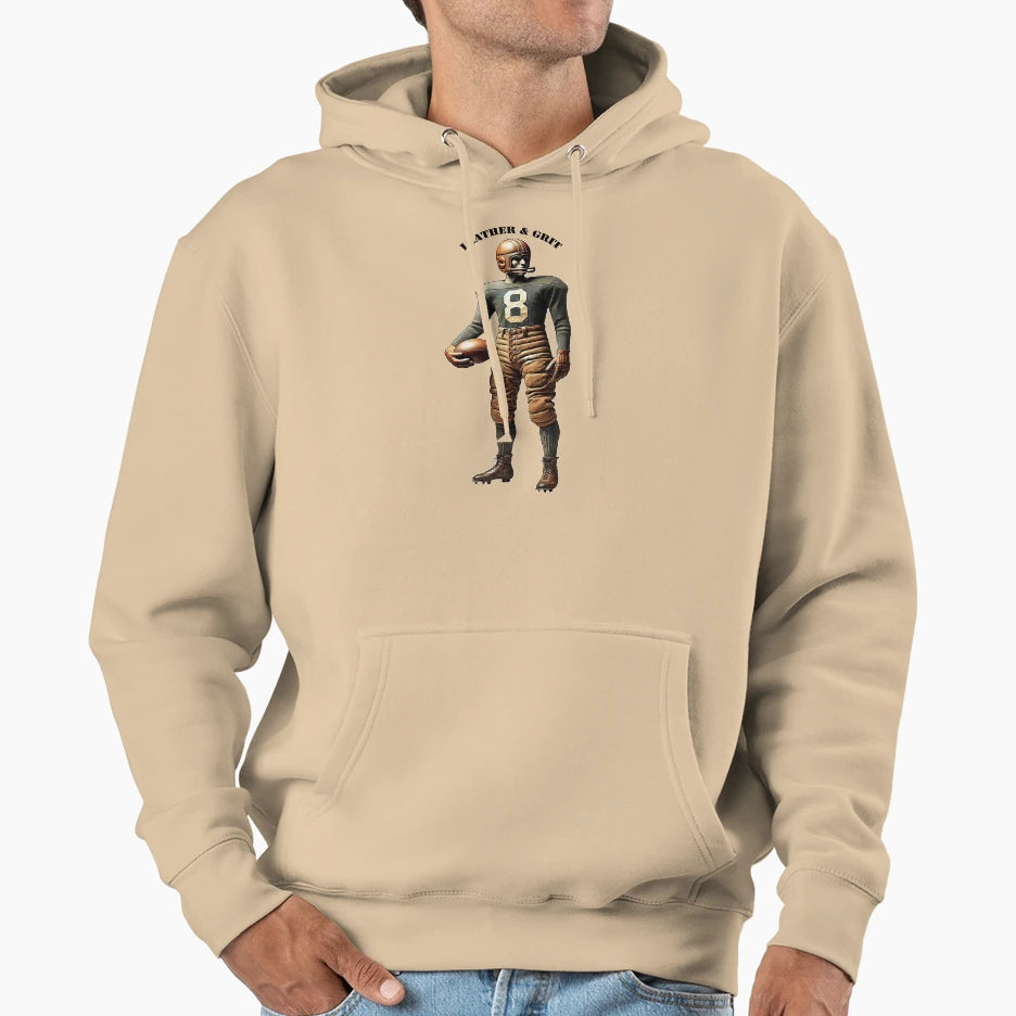 Early 1900S Football Player Leather Hoodie - Custom Art Print Unisex - T-Shirt, Sweatshirt, Hoodie