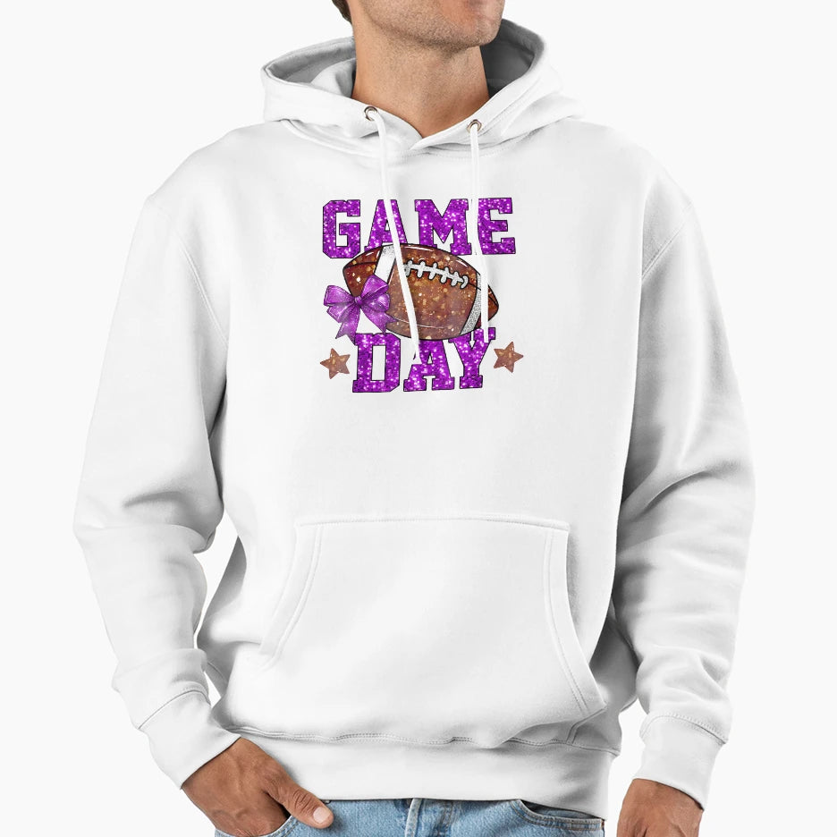 Glitter Football Mom Game Day Purple Hoodie - Casual Everyday Wear Unisex - T-Shirt, Sweatshirt, Hoodie