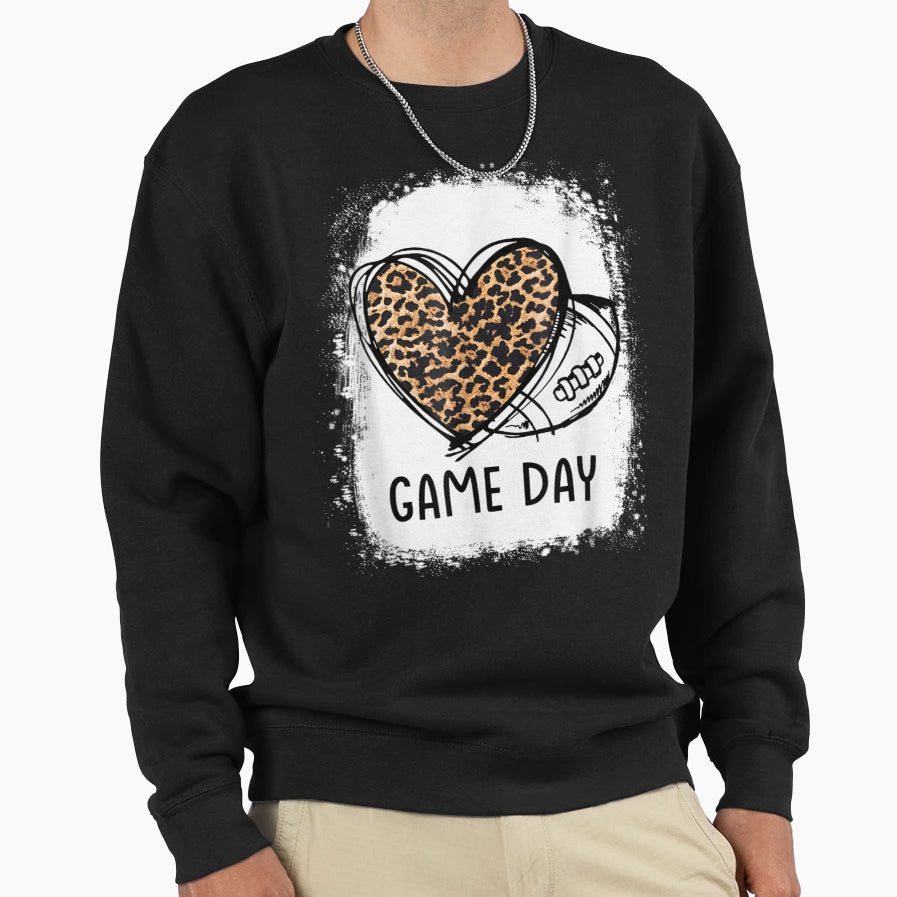 Game Day Leopard Heart Football Sweatshirt - Unique Graphic Men Women - T-Shirt, Sweatshirt, Hoodie