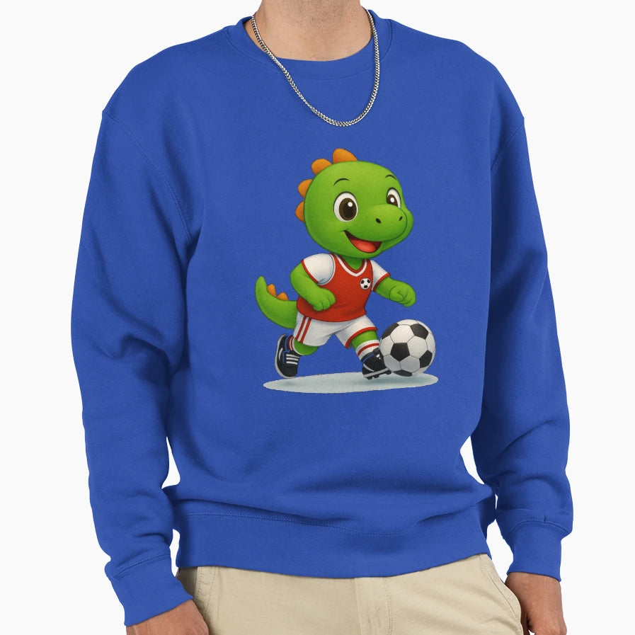Happy Green Dino Kicking Soccer T-Shirt - Fun Novelty Design for Adults - T-Shirt, Sweatshirt, Hoodie
