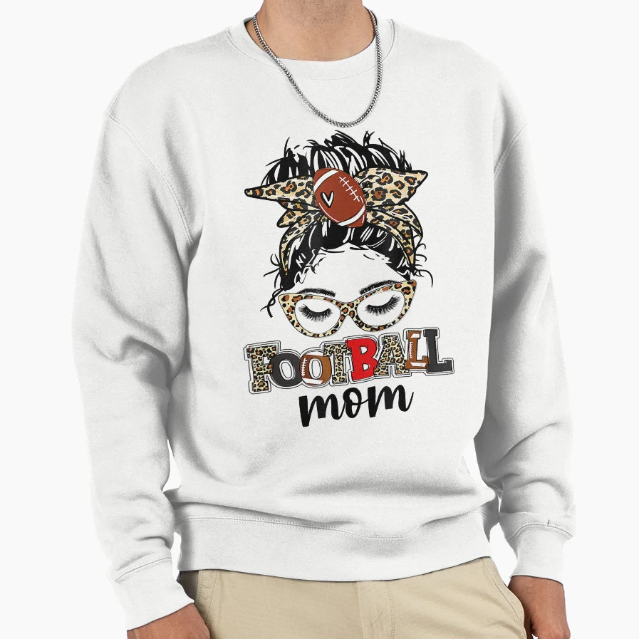 Football Mom Messy Hair Bun Leopard Sweatshirt - Streetwear Style Unisex - T-Shirt, Sweatshirt, Hoodie